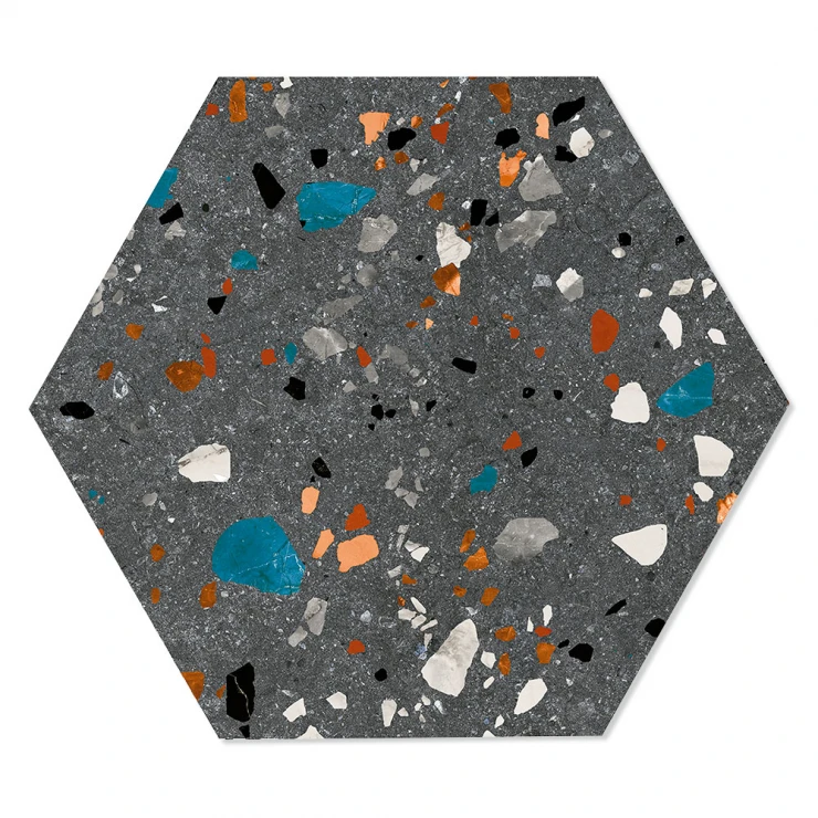 Hexagon Klinker Terrazzo Colorful Mörkgrå Matt 20x24 cm-0