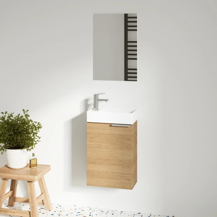Tvättställsskåp Kub Trä Sonoma Oak Matt med Handfat, Spegel & Tvättställsblandare Krom Blank-0