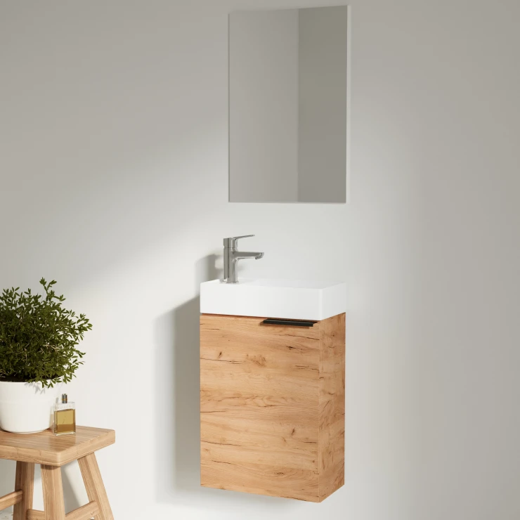 Tvättställsskåp Kub Trä Guld Craft Oak med Handfat, Spegel & Tvättställsblandare Krom Blank-0