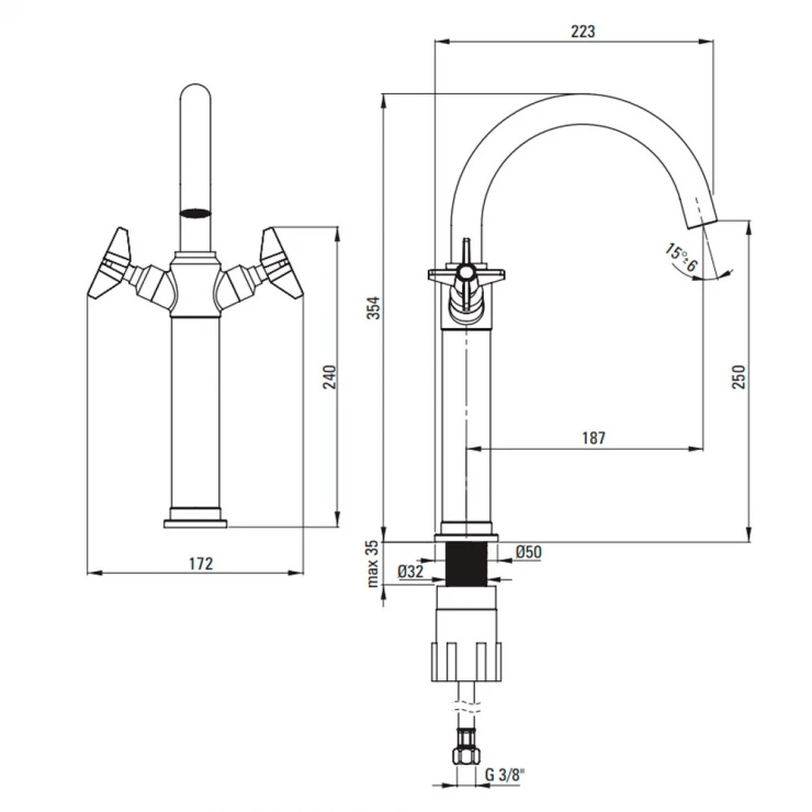 Tvättställsblandare med Två Handtag Temisto Svart Matt 35.4 cm-1