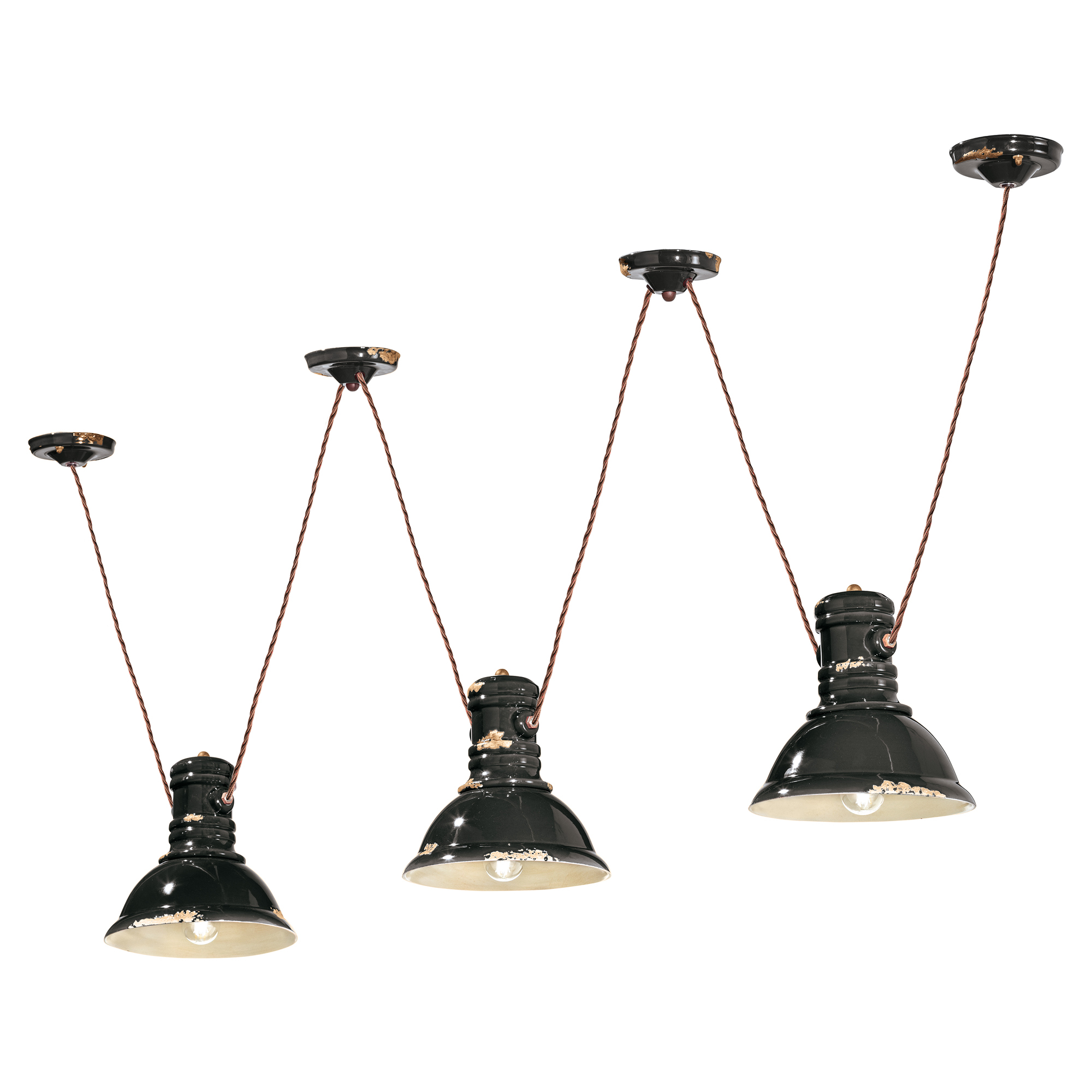 Ferroluce Hängande Lampa Trippel Gamma Industrial Vintage Svart