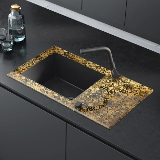 Glas-Granit Diskbänk <strong>Capella</strong>  Precious Guld 86x50 cm med Vattenlås