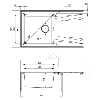 Glas-Stål Diskbänk <strong>Prime</strong>  Vit-Stål 86x50 cm med Vattenlås