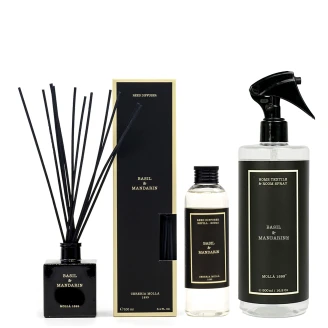 <strong>Cereria Molla</strong>  Set Premium Diffuser, Refilldiffuser & Hemtextilspray Basilika Mandariner