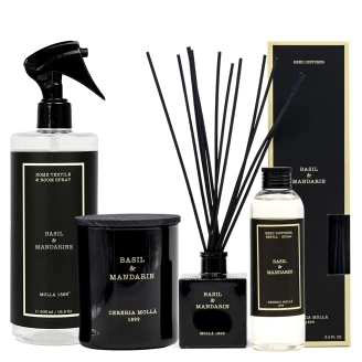 <strong>Cereria Molla</strong>  Set Ljus, Premium Diffuser, Refilldiffuser & Hemtextilspray Basilika Mandariner