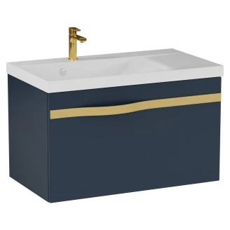 Tvättställsskåp <strong>Leon</strong>  Blå Matt 70 cm med Handfat Vit Blank & Guld Handtag