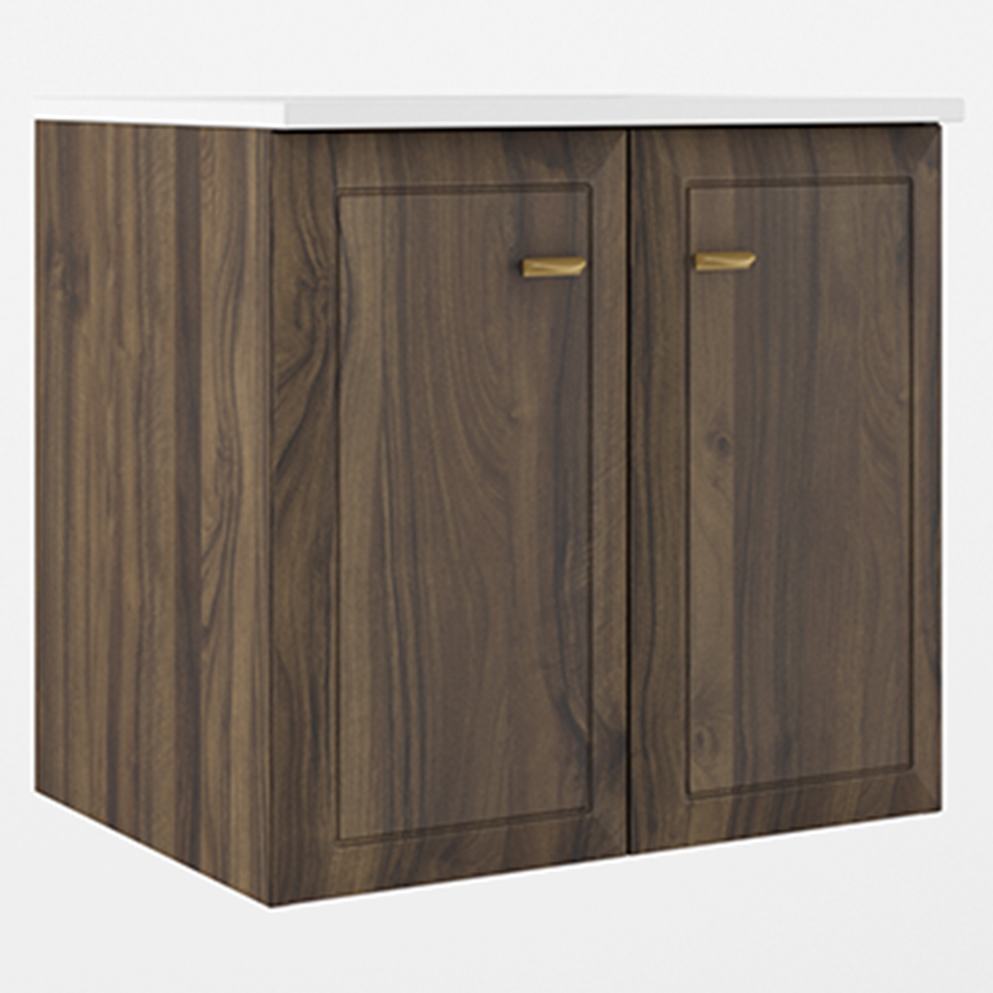 Tvättställsskåp Gold Tandem Walnut Matt 60 cm med Två Dörrar med Handfat Vit Blank