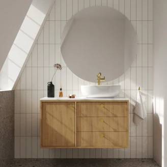 Tvättställsskåp <strong>Vinyl</strong>  Ek Trä Höger 100 cm med Bänkskiva Vit & Handtagen Guld