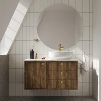 Tvättställsskåp <strong>Vinyl</strong>  Valnöt Höger 100 cm med Bänkskiva Vit & Handtagen Guld
