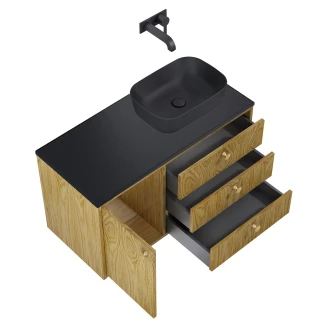 Tvättställsskåp <strong>Madera</strong>  Ek Trä Höger 100 cm med Bänkskiva Svart & Handtagen Guld