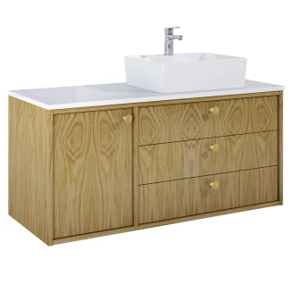 Tvättställsskåp <strong>Vinyl</strong>  Ek Trä Höger 120 cm med Bänkskiva Vit & Handtagen Guld