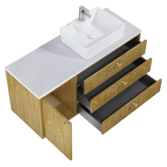 Tvättställsskåp <strong>Madera</strong>  Ek Trä Höger 120 cm med Bänkskiva Vit & Handtagen Guld