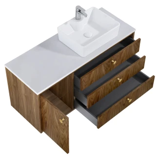 Tvättställsskåp <strong>Madera</strong>  Valnöt Höger 120 cm med Bänkskiva Vit & Handtagen Guld