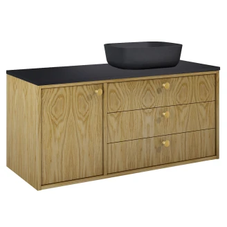 Tvättställsskåp <strong>Vinyl</strong>  Ek Trä Höger 120 cm med Bänkskiva Svart & Handtagen Guld