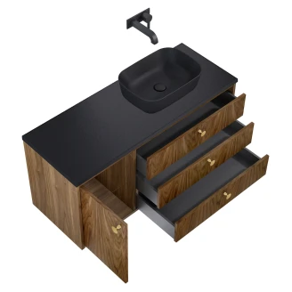 Tvättställsskåp <strong>Madera</strong>  Valnöt Höger 120 cm med Bänkskiva Svart & Handtagen Guld