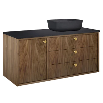 Tvättställsskåp <strong>Vinyl</strong>  Valnöt Höger 120 cm med Bänkskiva Svart & Handtagen Guld