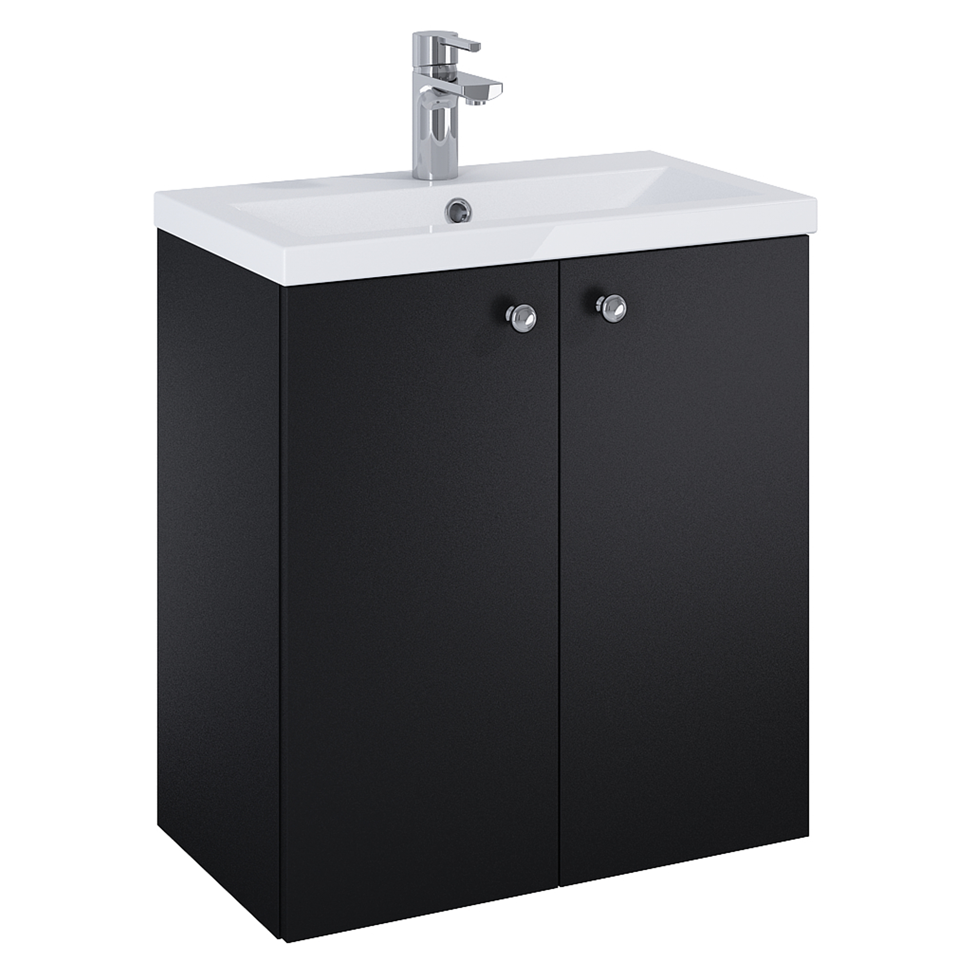 Tvättställsskåp Krom Minimal Svart Matt 60 cm med Två Dörrar & Handfat Vit Blank