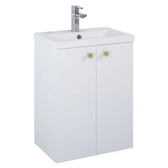 Tvättställsskåp <strong>Minimal</strong>  Vit 50 cm med Två Dörrar & Handtagen Guld, Handfat