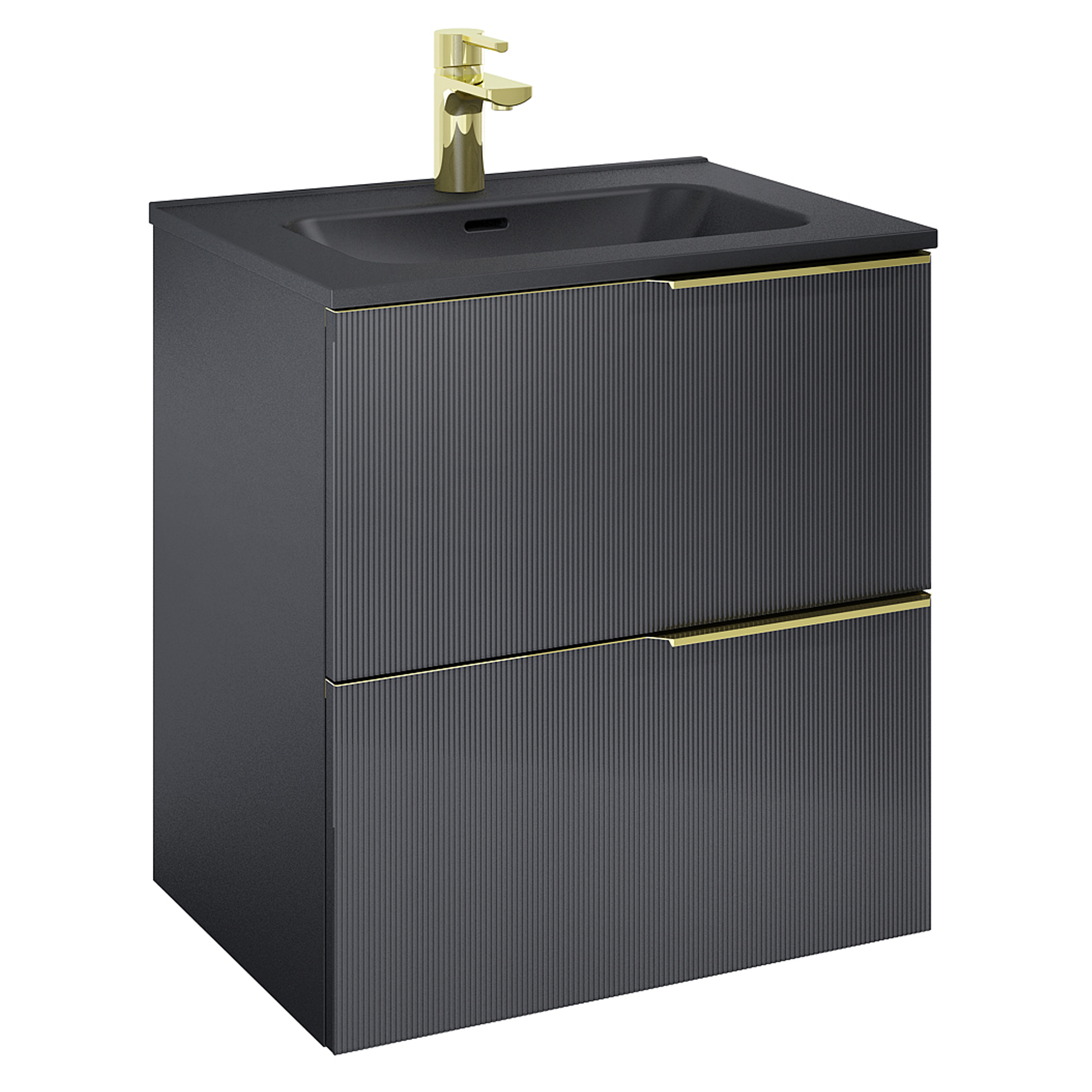 Tvättställsskåp Satin Svart 60 cm med Handtagen Guld & Handfat Svart Matt