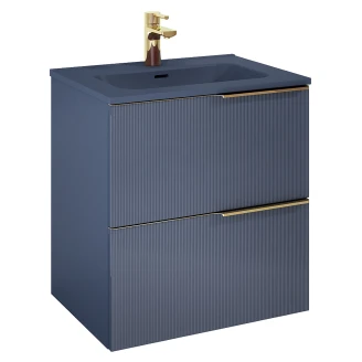 Tvättställsskåp <strong>Satin</strong>  Blå 60 cm med Handtagen Guld & Handfat Blå Matt