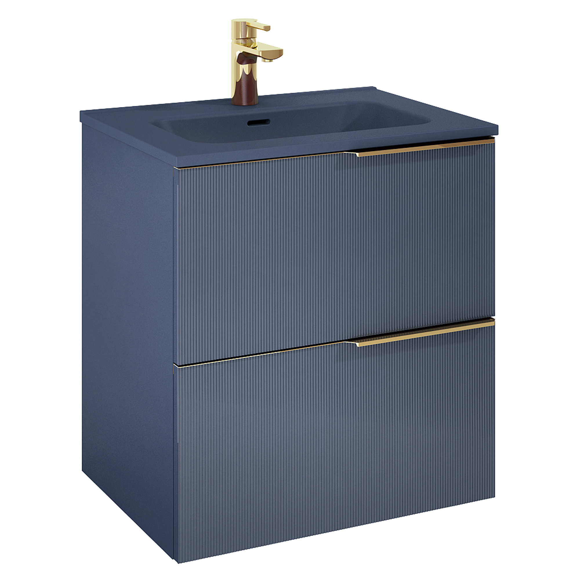 Tvättställsskåp Satin Blå 60 cm med Handtagen Guld & Handfat Blå Matt