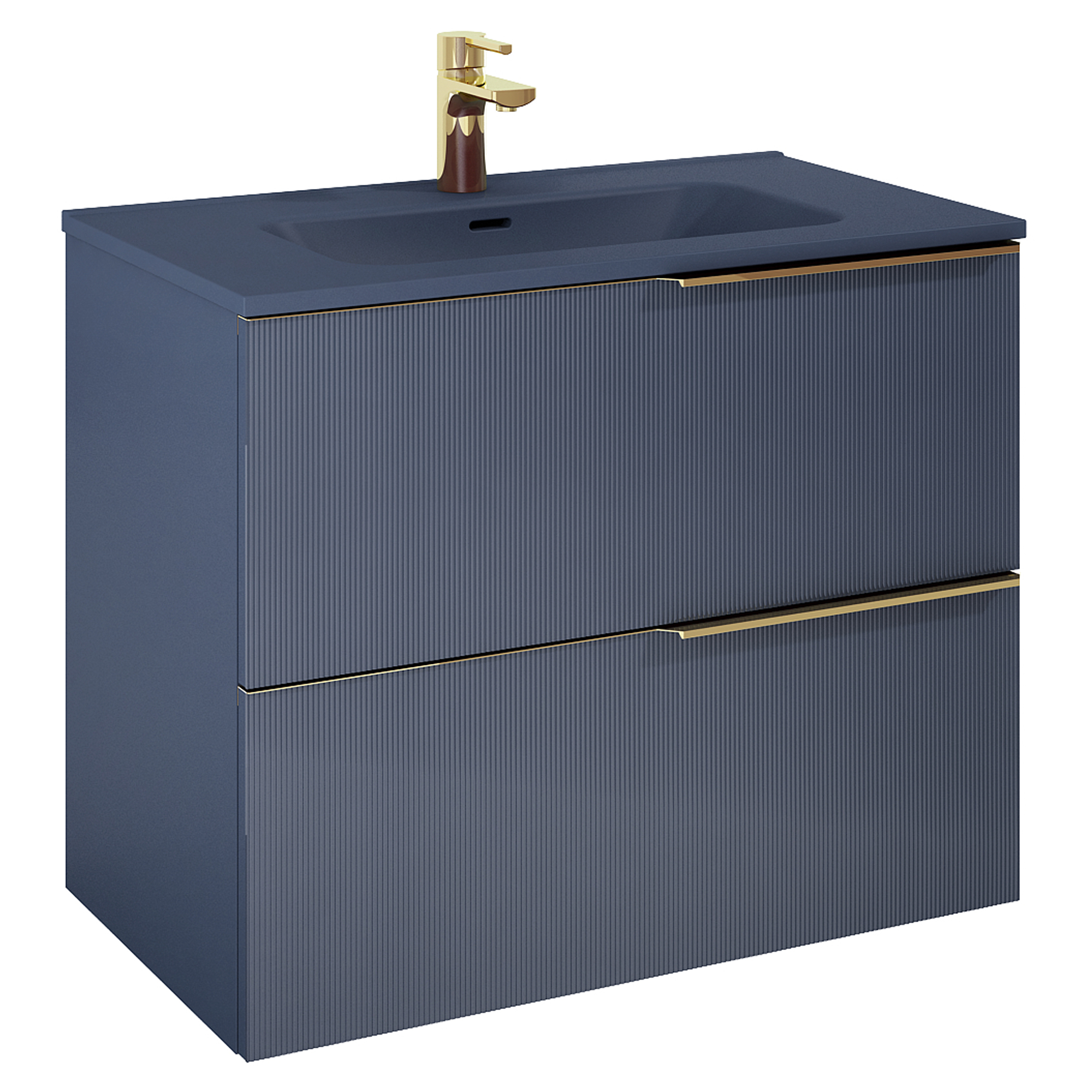 Tvättställsskåp Satin Blå 80 cm med Handtagen Guld & Handfat Blå Matt
