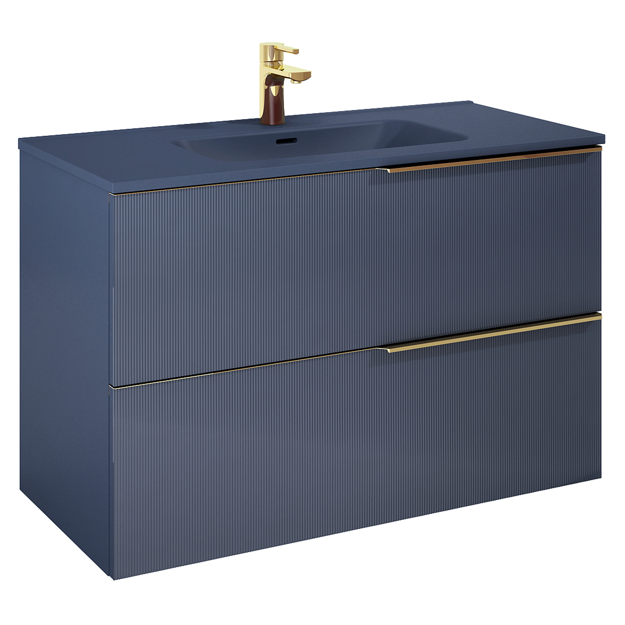 Tvättställsskåp Satin Blå 100 cm med Handtagen Guld & Handfat Blå Matt
