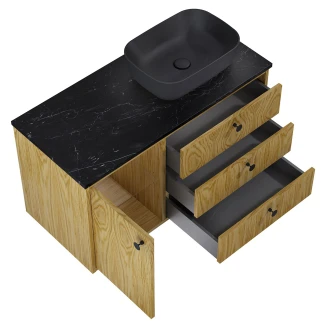 Tvättställsskåp <strong>Madera</strong>  Ek Trä Höger 100 cm med Bänkskiva Marmor Svart & Handtagen Svart