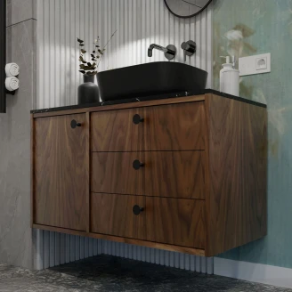 Tvättställsskåp <strong>Vinyl</strong>  Valnöt Höger 100 cm med Bänkskiva Marmor Svart & Handtagen Svart