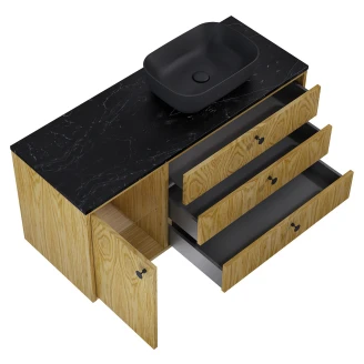 Tvättställsskåp <strong>Madera</strong>  Ek Trä Höger 120 cm med Bänkskiva Marmor Svart & Handtagen Svart