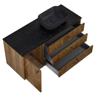 Tvättställsskåp <strong>Madera</strong>  Valnöt Höger 120 cm med Bänkskiva Marmor Svart & Handtagen Svart
