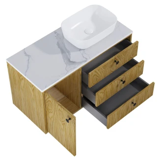 Tvättställsskåp <strong>Madera</strong>  Ek Trä Höger 100 cm med Bänkskiva Marmor Vit & Handtagen Svart