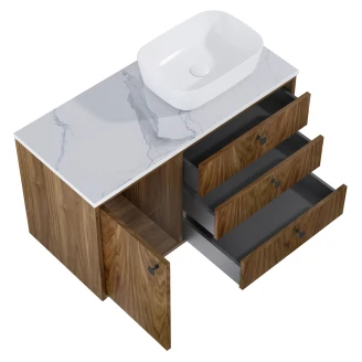 Tvättställsskåp <strong>Madera</strong>  Valnöt Höger 100 cm med Bänkskiva Marmor Vit & Handtagen Svart