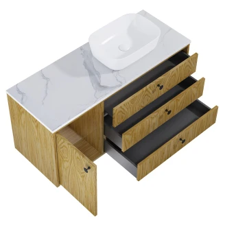 Tvättställsskåp <strong>Madera</strong>  Ek Trä Höger 120 cm med Bänkskiva Marmor Vit & Handtagen Svart