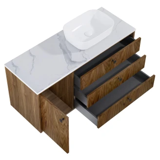 Tvättställsskåp <strong>Madera</strong>  Valnöt Höger 120 cm med Bänkskiva Marmor Vit & Handtagen Svart