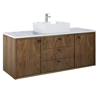 Tvättställsskåp <strong>Vinyl</strong>  Valnöt 140 cm med Bänkskiva Marmor Vit & Handtagen Svart