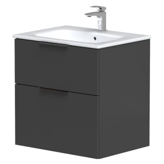 Tvättställsskåp <strong>Velira</strong>  Grafit Matt 60 cm med Handfat Vit & Handtagen Svart