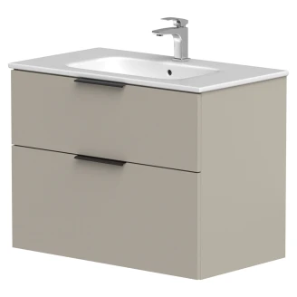 Tvättställsskåp <strong>Velira</strong>  Gråbeige Matt 80 cm med Handfat Vit & Handtagen Svart