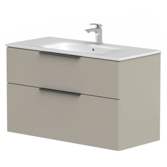 Tvättställsskåp <strong>Velira</strong>  Gråbeige Matt 100 cm med Handfat Vit & Handtagen Svart