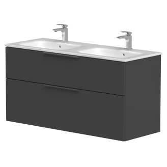 Dubbelt Tvättställsskåp <strong>Velira</strong>  Grafit Matt 120 cm med Handfat Vit & Handtagen Svart