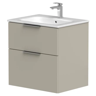 Tvättställsskåp <strong>Velira</strong>  Gråbeige Matt 60 cm med Handfat Vit & Handtagen Krom