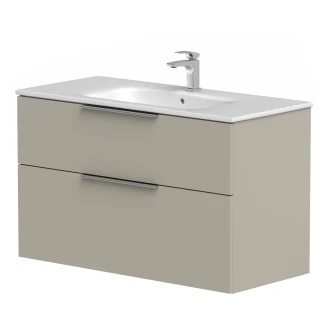 Tvättställsskåp <strong>Velira</strong>  Gråbeige Matt 100 cm med Handfat Vit & Handtagen Krom
