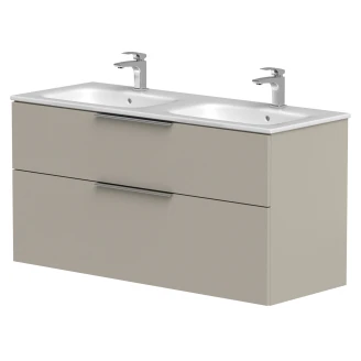 Dubbelt Tvättställsskåp <strong>Velira</strong>  Gråbeige Matt 120 cm med Handfat Vit & Handtagen Krom