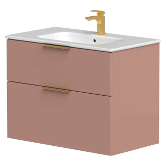 Tvättställsskåp <strong>Velira</strong>  Rosa Matt 80 cm med Handfat Vit & Handtagen Guld