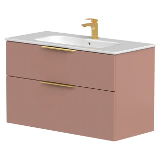 Tvättställsskåp <strong>Velira</strong>  Rosa Matt 100 cm med Handfat Vit & Handtagen Guld
