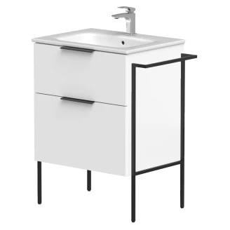 Tvättställsskåp <strong>Velira</strong>  Vit Matt 60 cm med Handfat Vit, Handtagen Svart & Ben