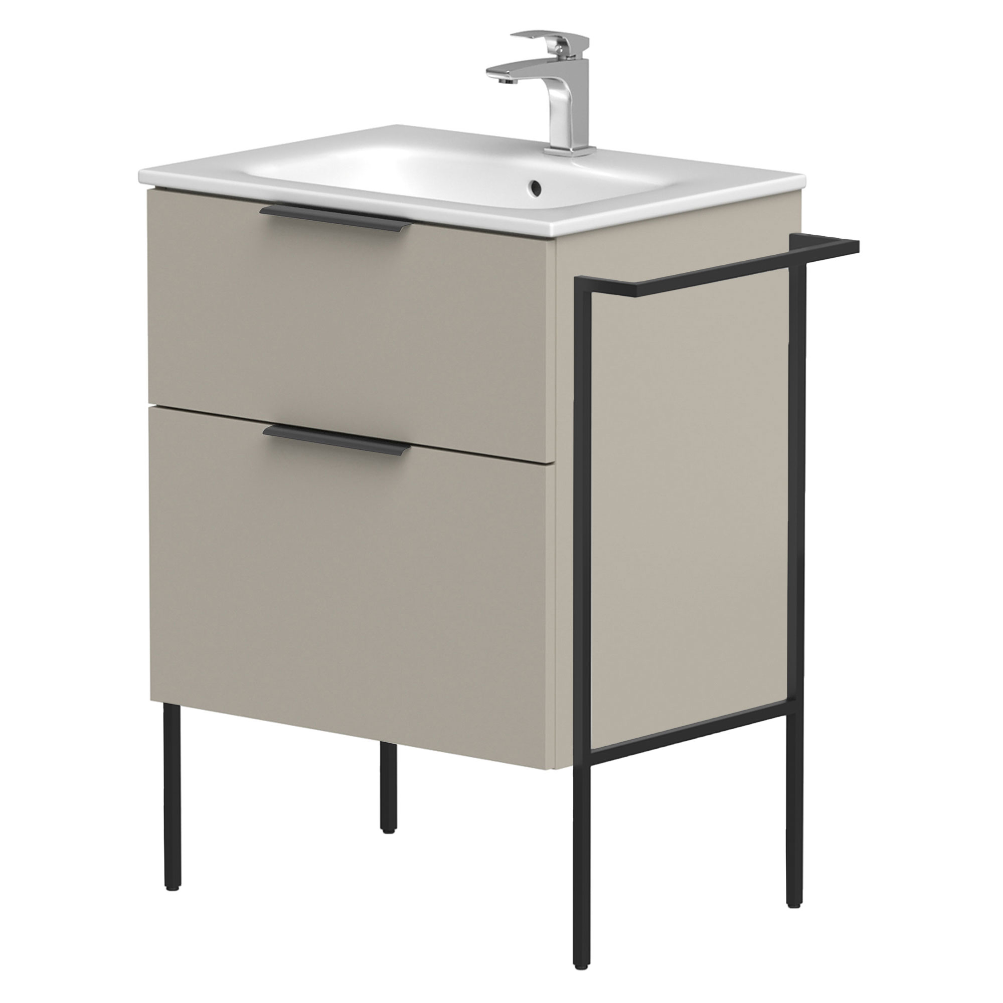 Tvättställsskåp Velira Gråbeige Matt 60 cm med Handfat Vit, Handtagen Svart & Ben
