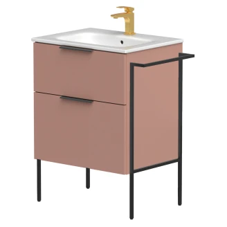 Tvättställsskåp <strong>Velira</strong>  Rosa Matt 60 cm med Handfat Vit, Handtagen Svart & Ben