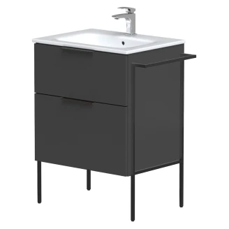 Tvättställsskåp <strong>Velira</strong>  Grafit Matt 60 cm med Handfat Vit, Handtagen Svart & Ben