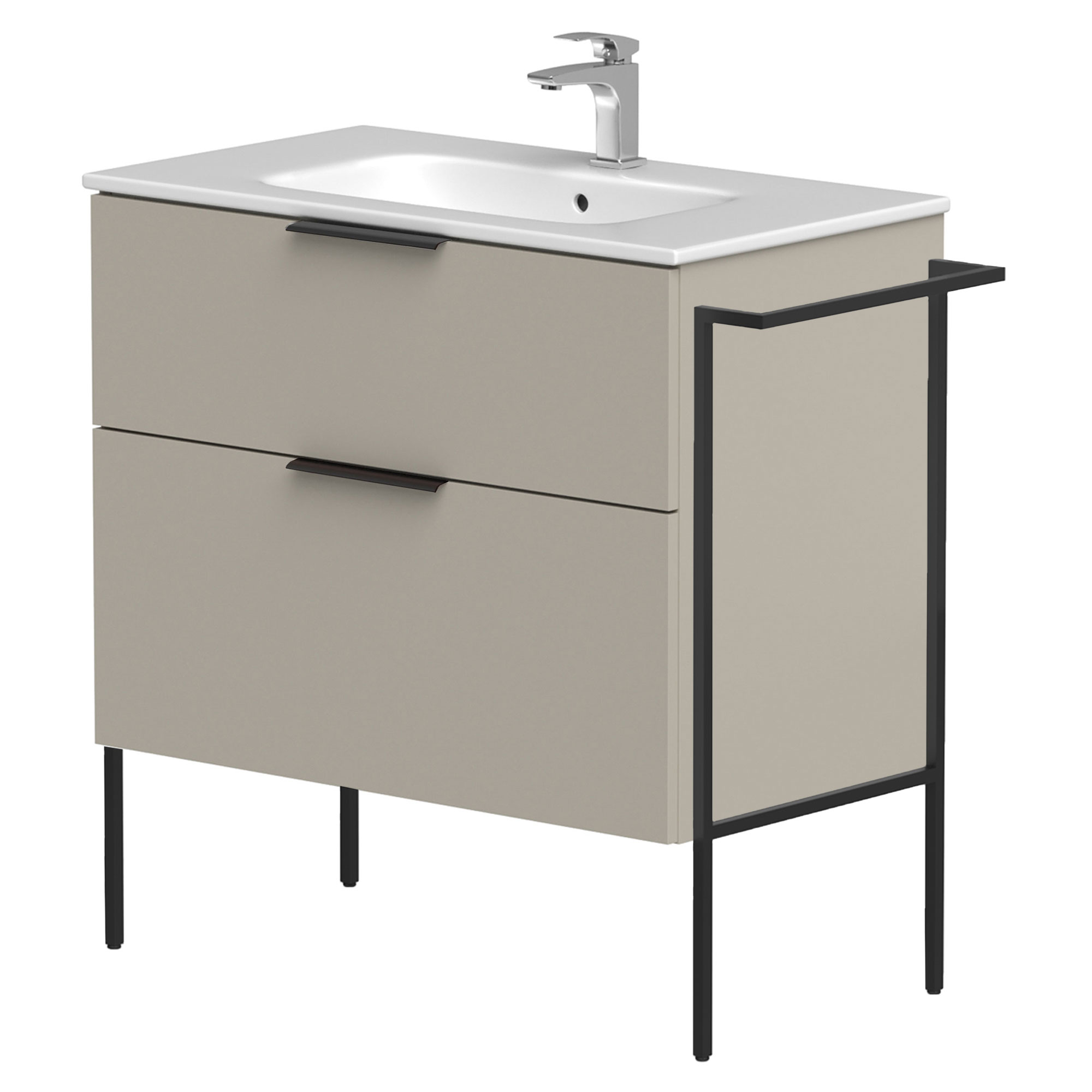 Tvättställsskåp Velira Gråbeige Matt 80 cm med Handfat Vit, Handtagen Svart & Ben